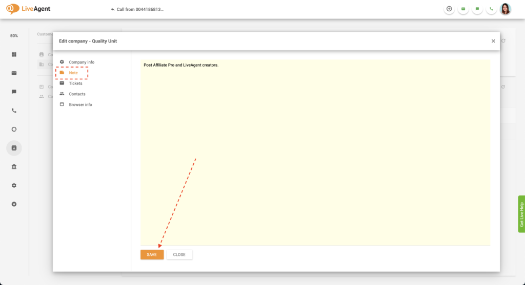 Бележка за компания в LiveAgent