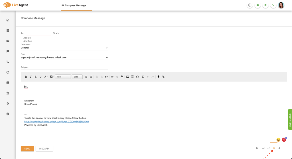 Бутон на HTML редактор в LiveAgent