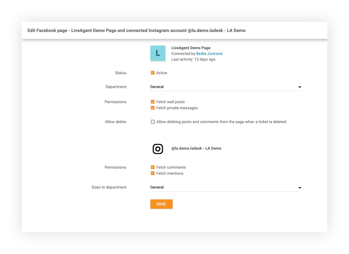 Instagram функция в LiveAgent