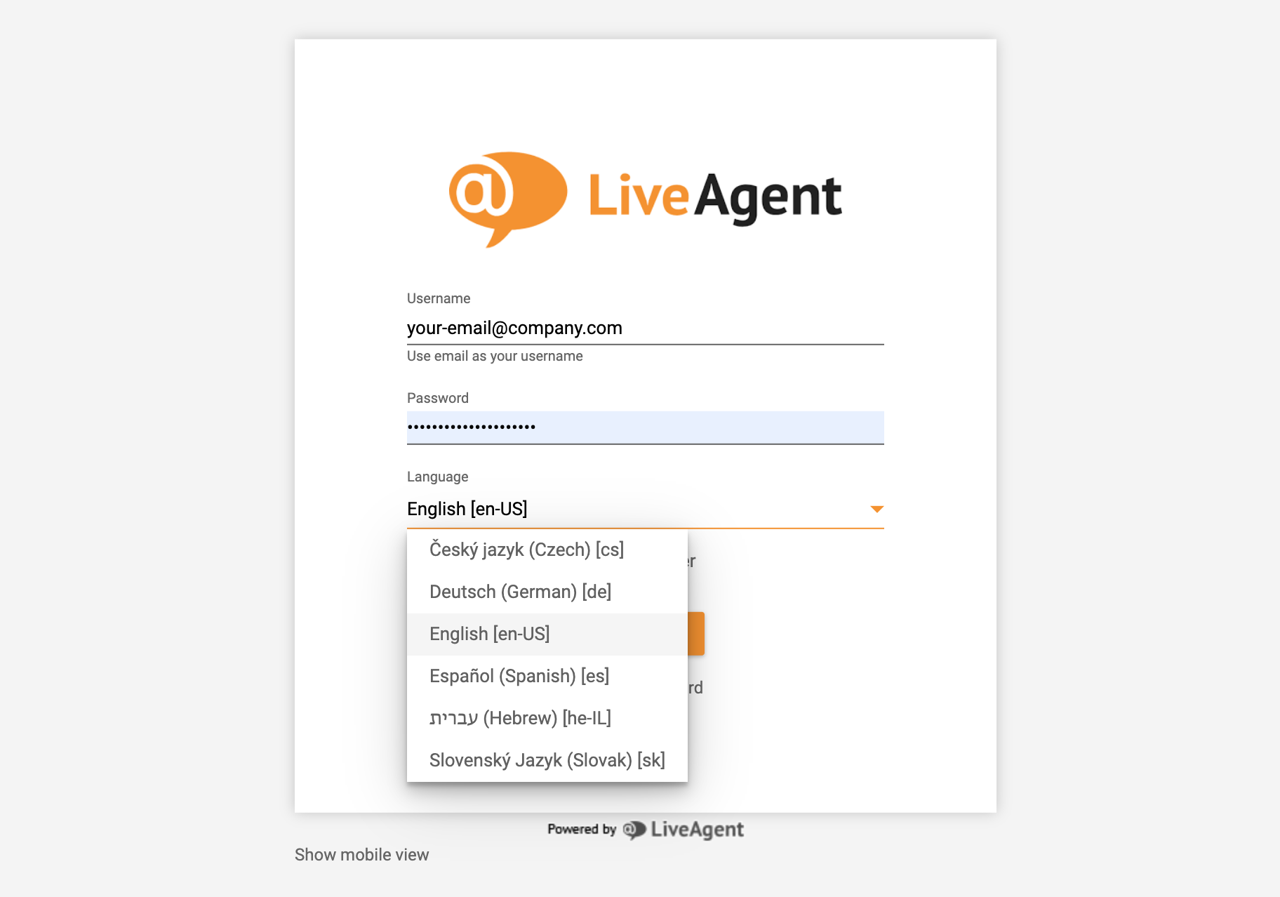 LiveAgent влизане - избор на език