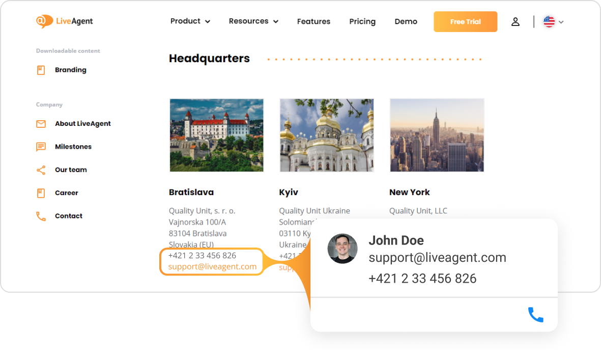 LiveAgent web contact cards разширение, показващо опции за имейл и телефон