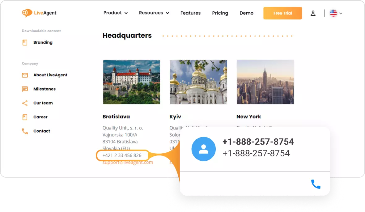 Контактна карта на LiveAgent за клик към повикване