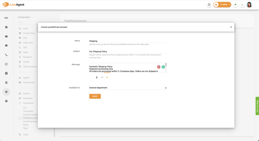 Настройка на предварително определени отговори в LiveAgent