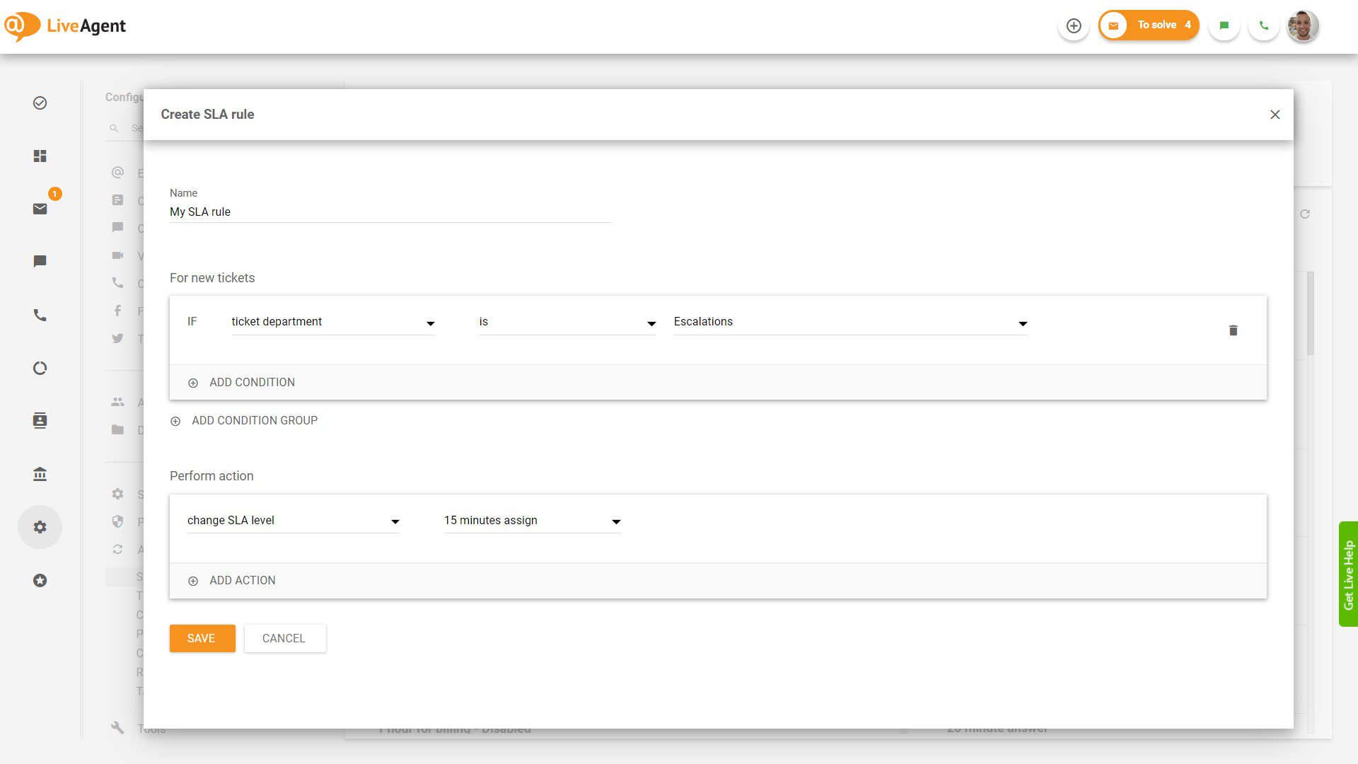 Създаване на правило на SLA в LiveAgent