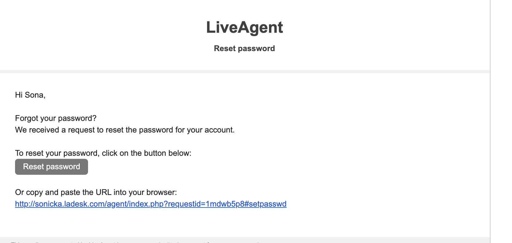 Имейл за нулиране на пароля LiveAgent