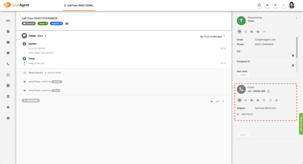 Панел с информация за билета в LiveAgent