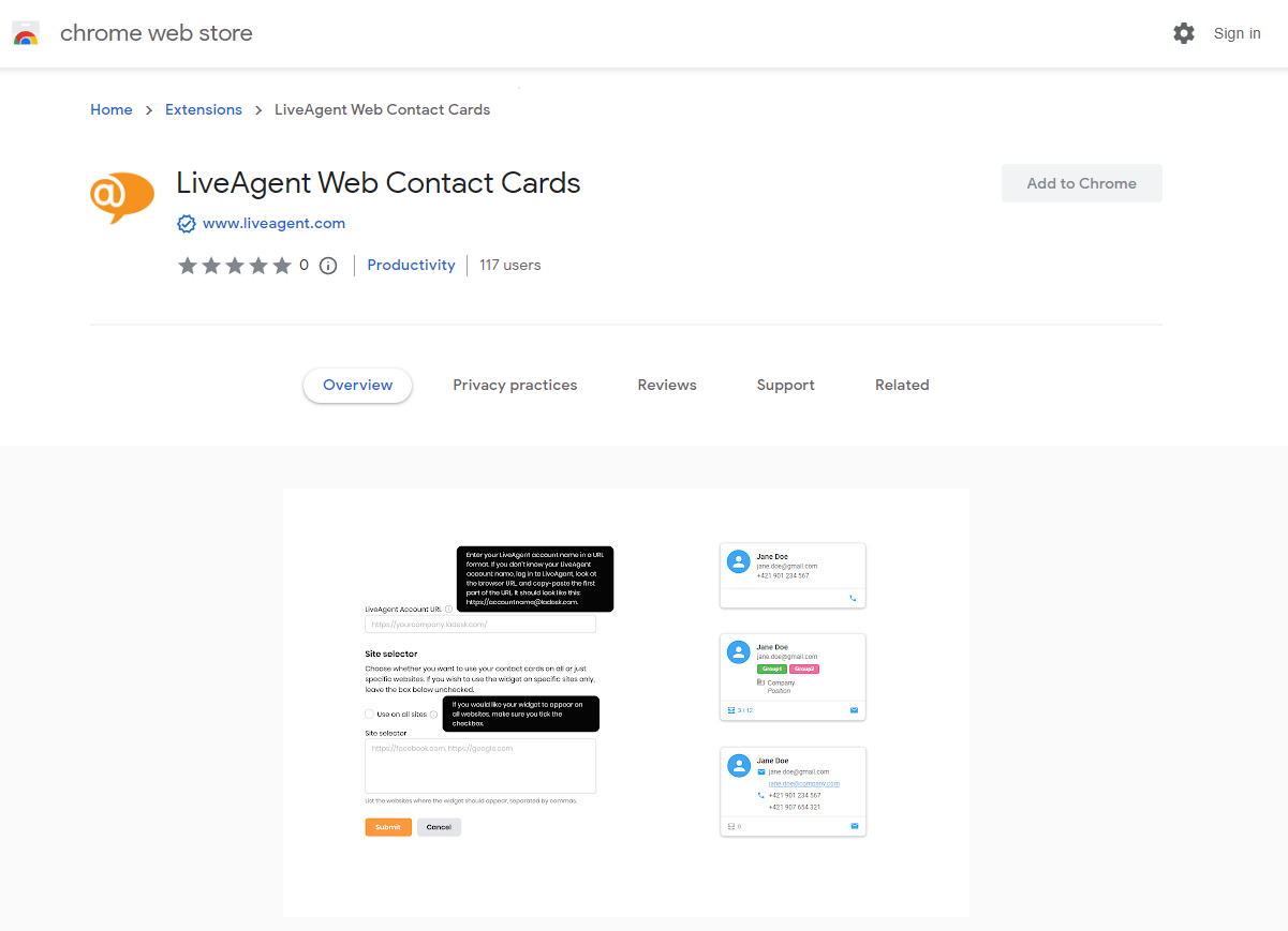 Web contact cards разширение в Chrome браузъра