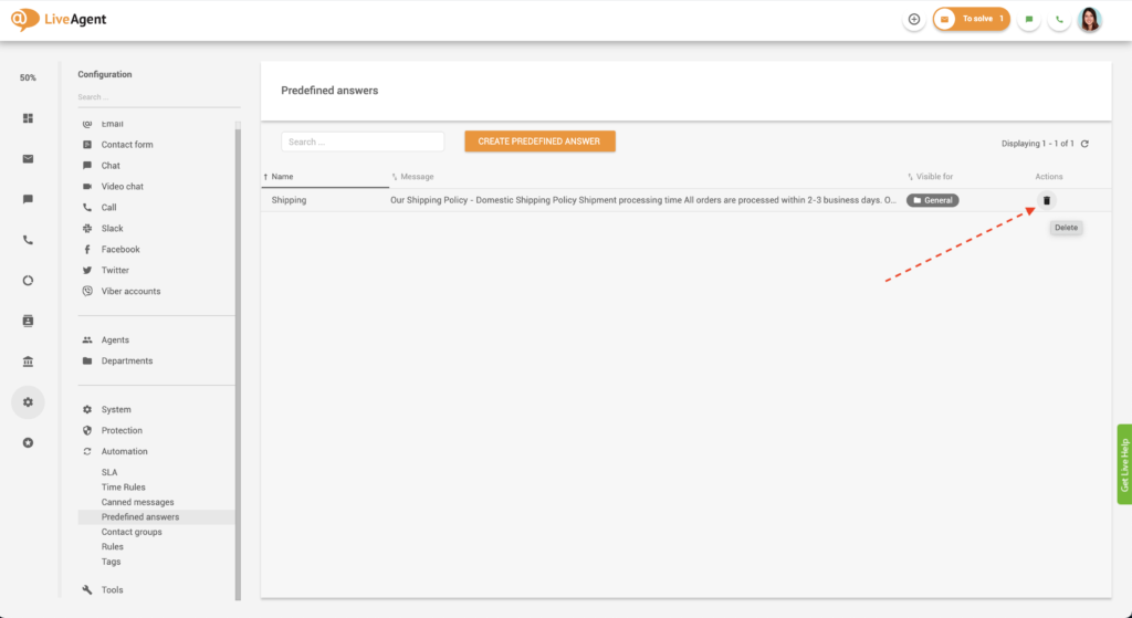 Изтриване на предварително определен отговор в LiveAgent