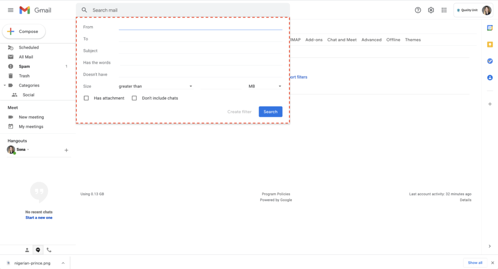 Пример за филтриране на SPAM в Gmail 2