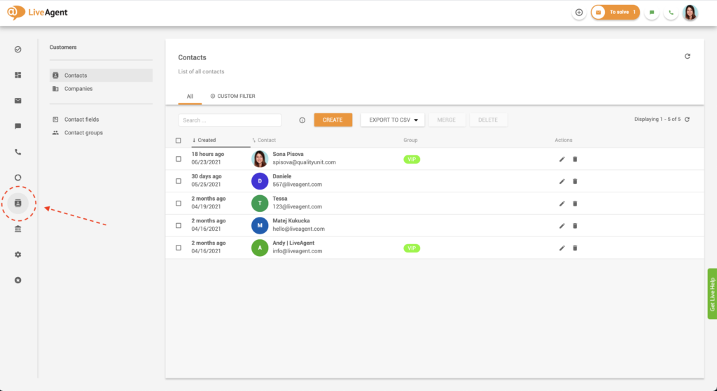 Намиране на контакти в LiveAgent