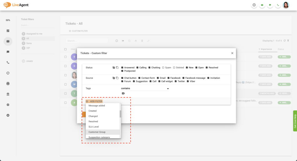 Добавяне на филтър за клиенти в LiveAgent