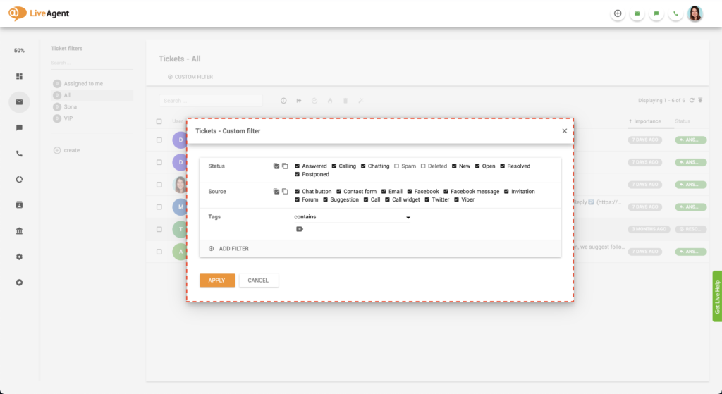 Избор на филтър в LiveAgent