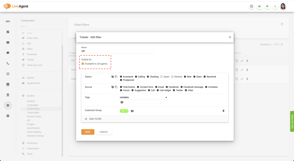 Редактиране на глобален филтър в LiveAgent