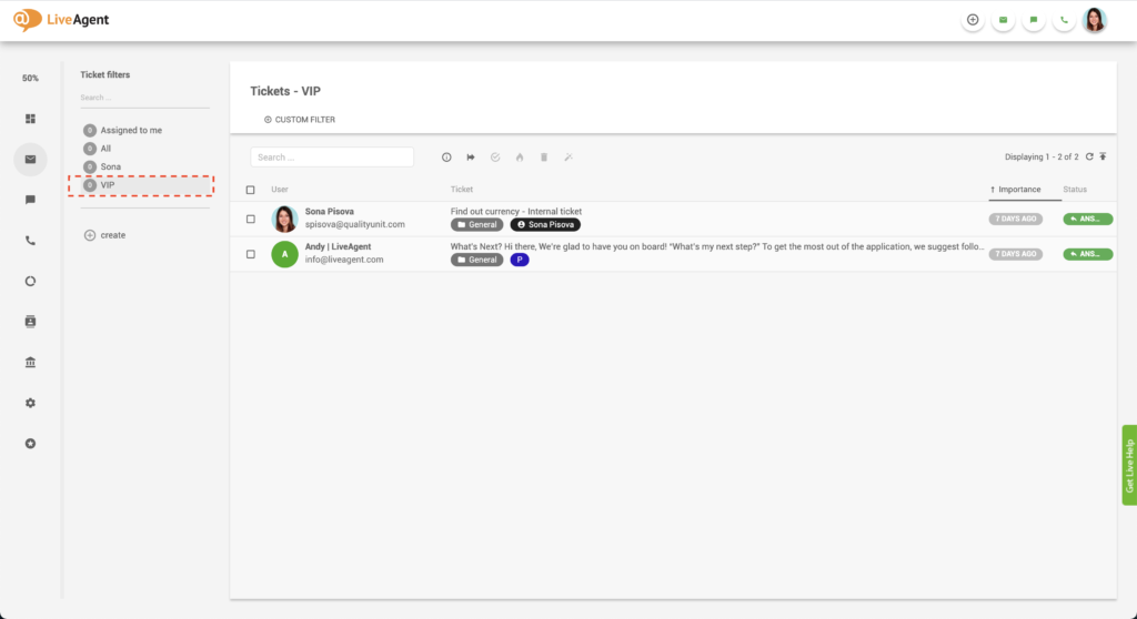 VIP филтър за билети в LiveAgent