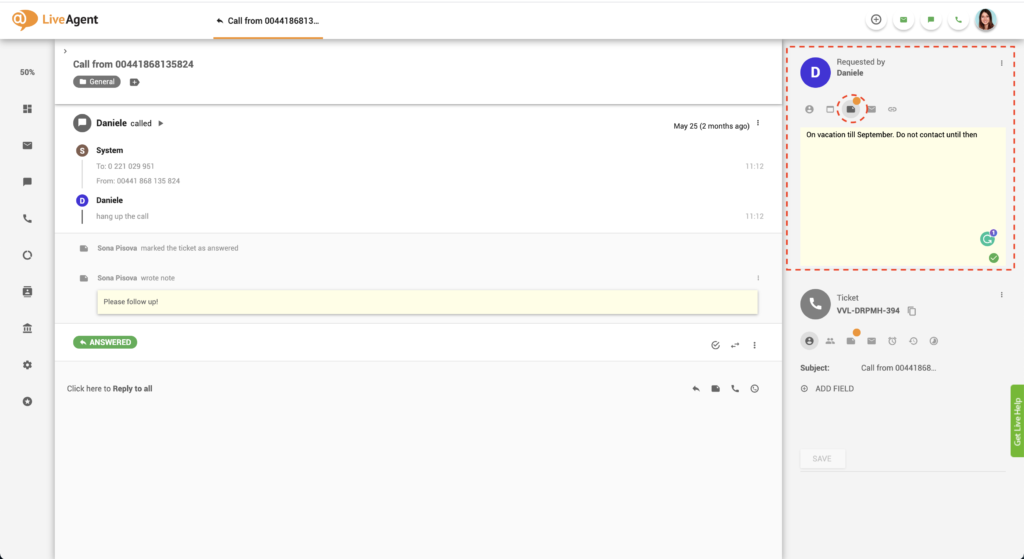 Бележка за клиент на Liveagent