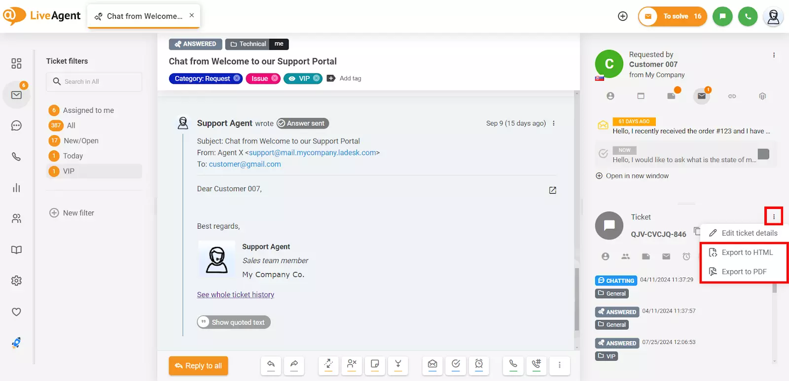 Детайли на билета на Liveagent - експортиране на билет