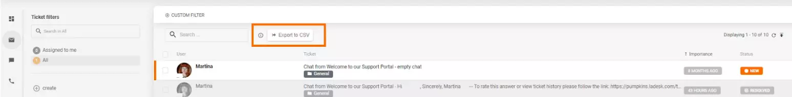 CSV експортът в системата за билети на LiveAgent