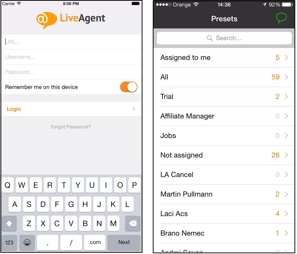 Интерфейс на приложението LiveAgent iOS