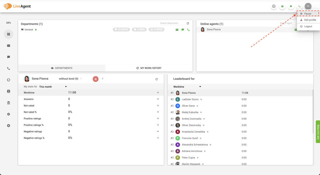 LiveAgent - бутон пауза