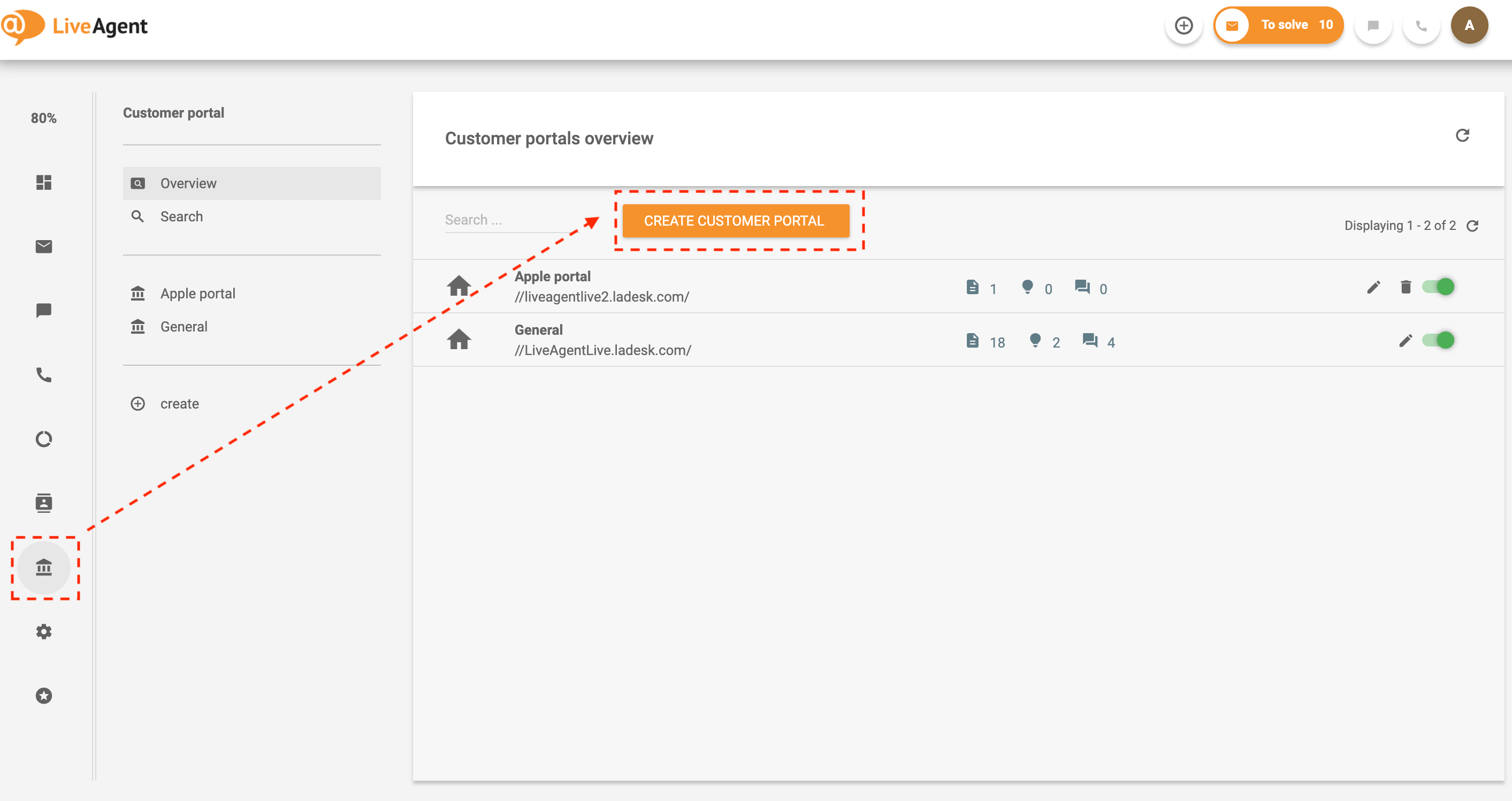 Navigate to knowledge base in LiveAgent