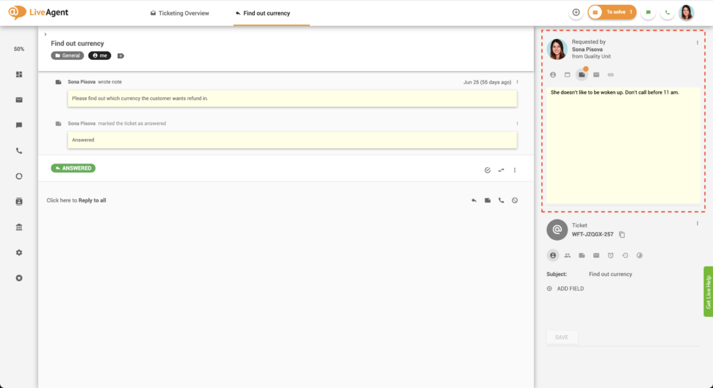 Бележки в билети - LiveAgent