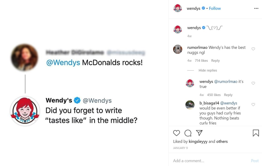 Силното присъствие на Wendy's в Instagram