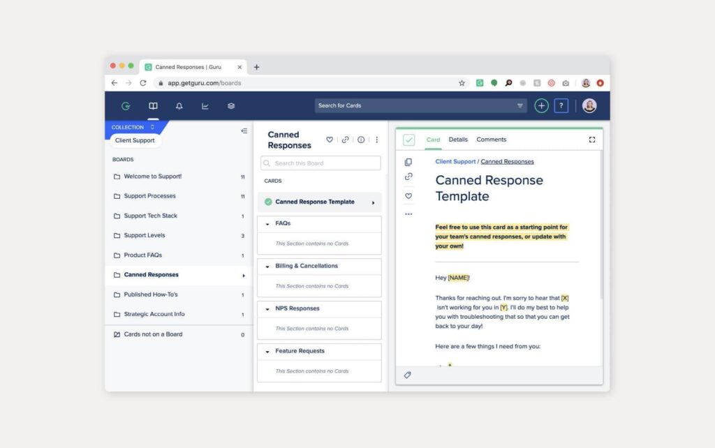 Practical example of a Guru software knowledge base
