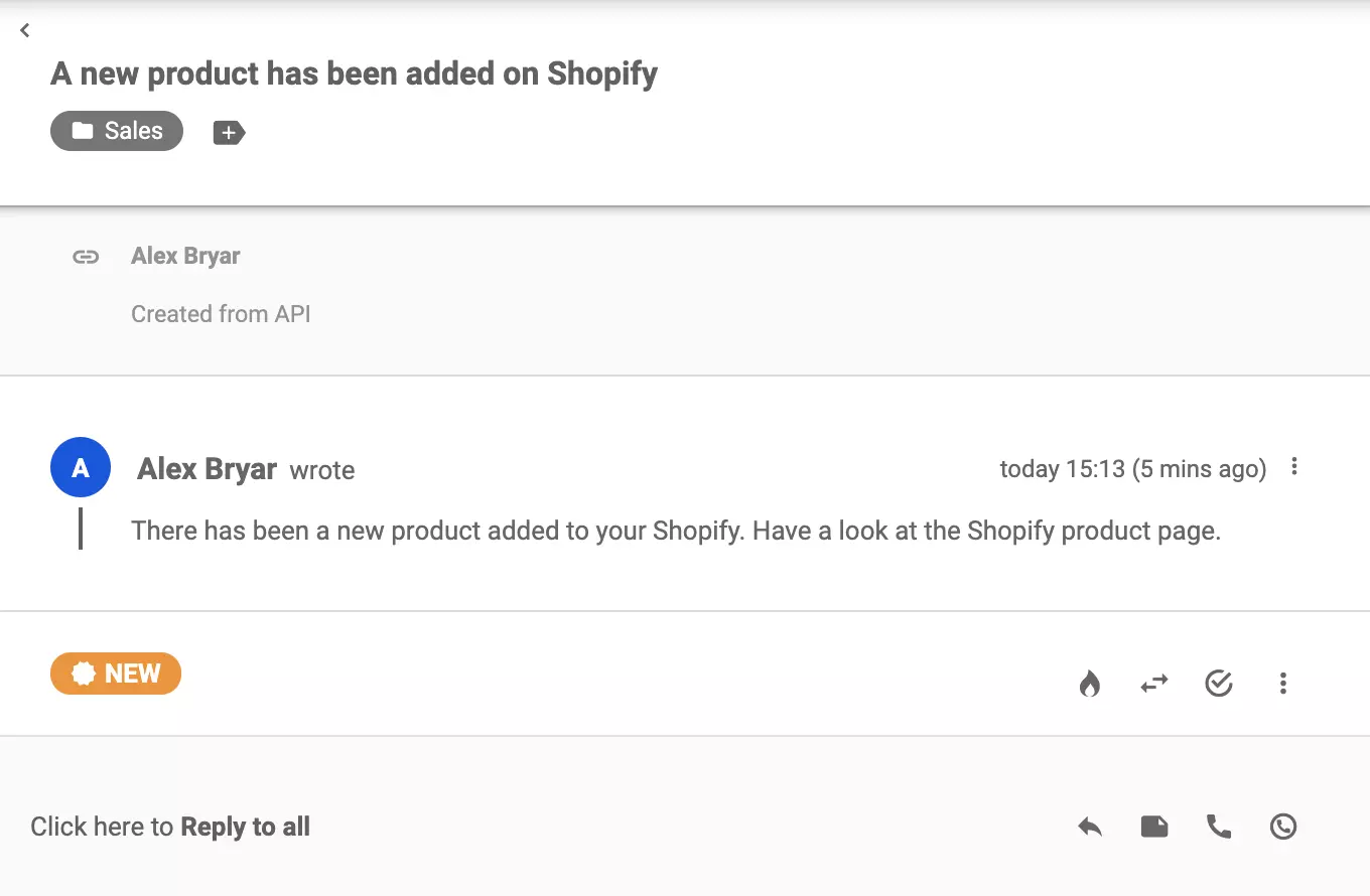 A new ticket that has been sent from Shopify after creating a product