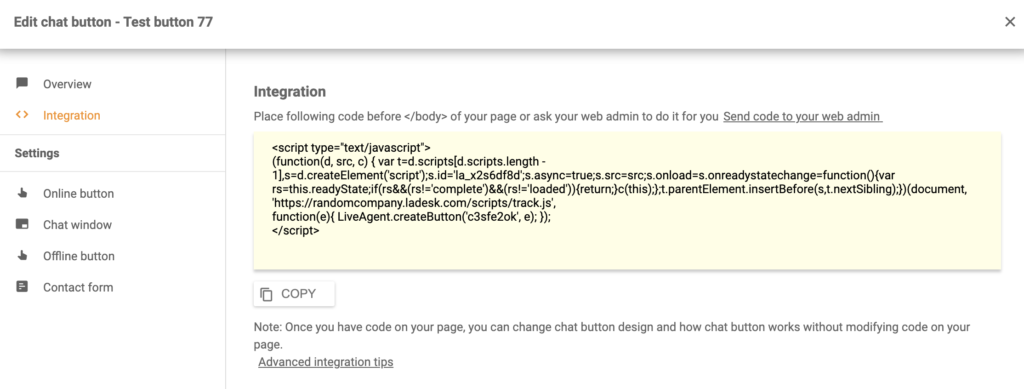 Код за интеграция на Shift4shop LiveAgent
