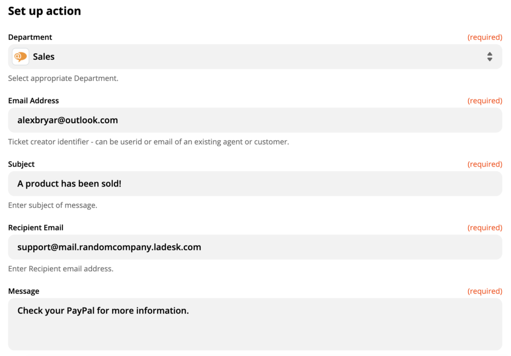 Настройка на LiveAgent действие Създай нов разговор