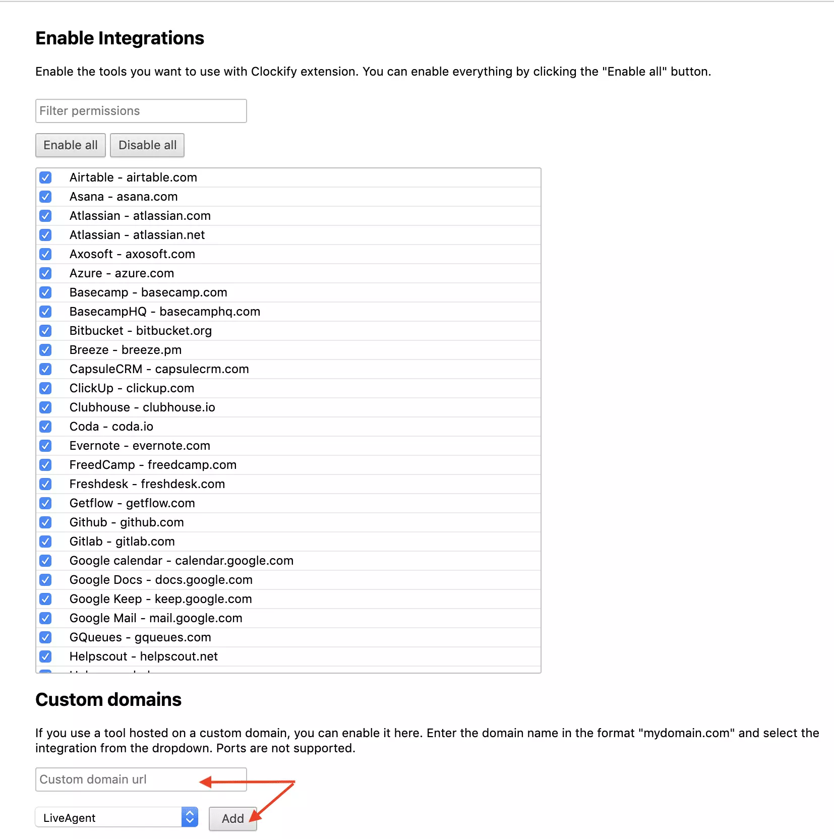 Clockify domain configuration
