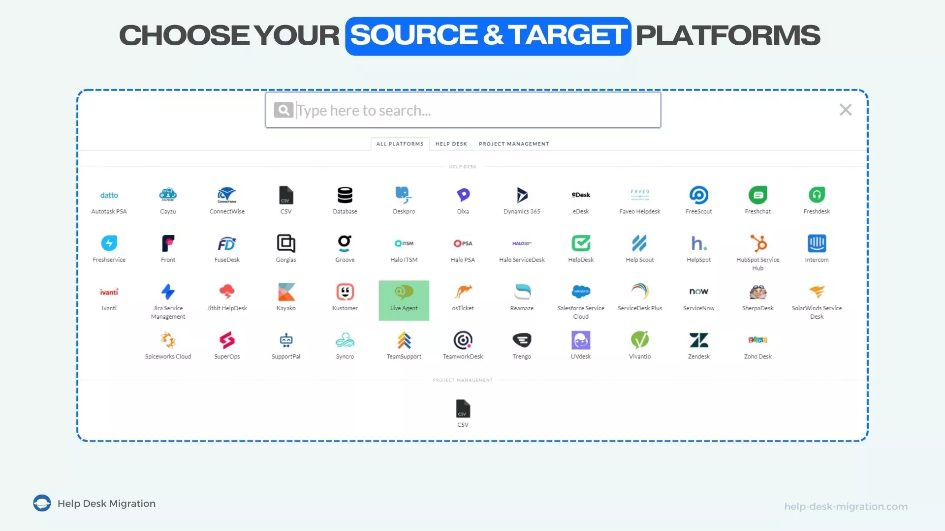 Поддържани платформи в Help Desk Migration
