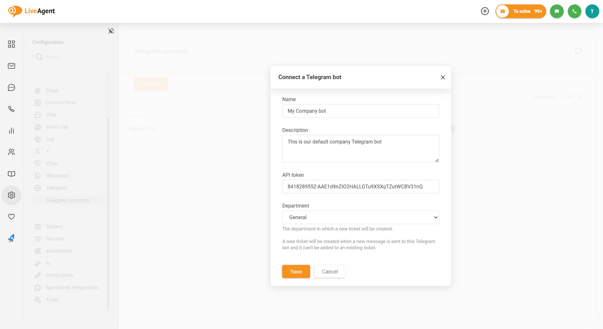 Екранна снимка на LiveAgent Telegram интеграция как да свържете бот
