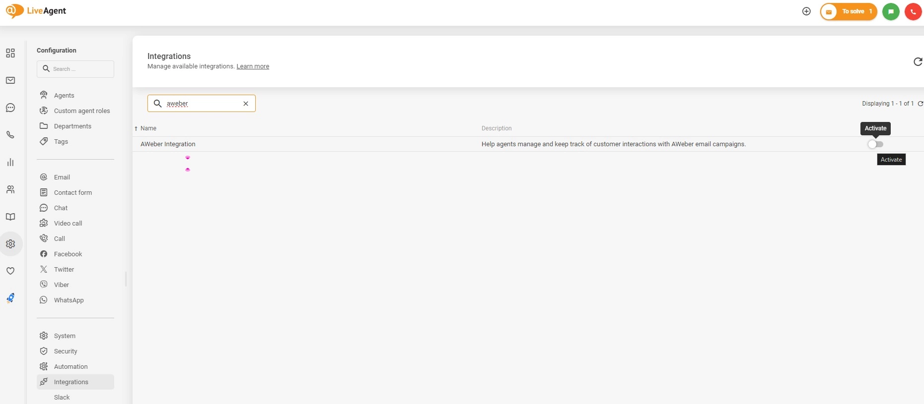 Активирайте интеграцията с AWeber в LiveAgent