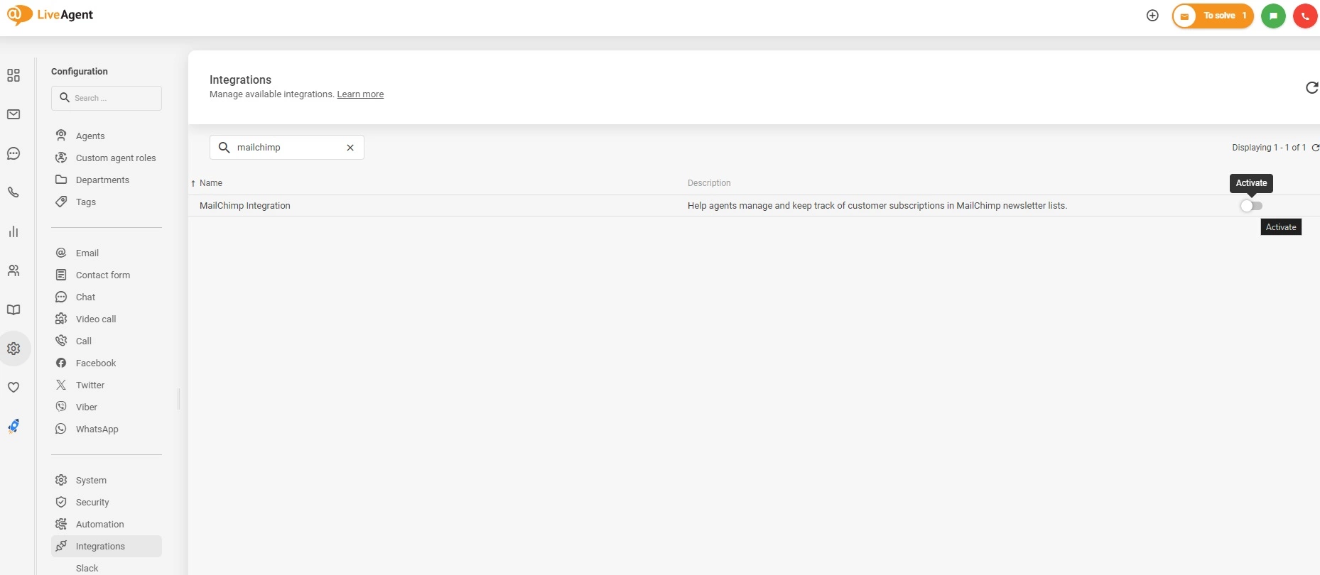 Активирайте интеграцията на Mailchimp в LiveAgent