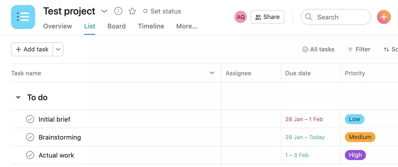 Пример на проект на Asana