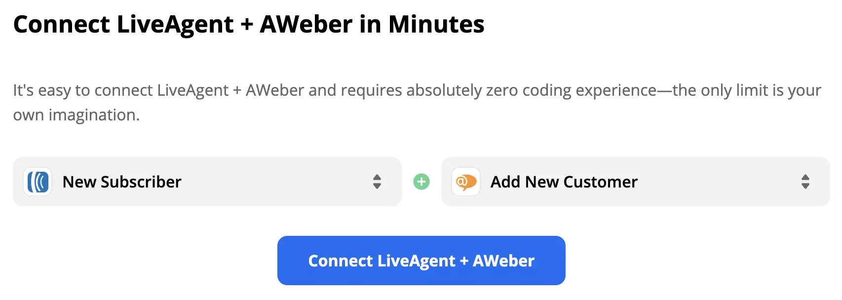 Тригер AWeber New Subscriber и действие LiveAgent Add New Customer са избрани в Zapier