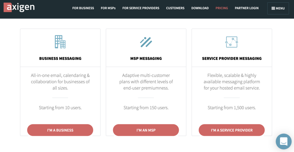 Axigen website with pricing plans