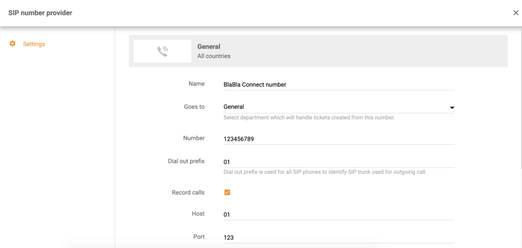 Настройка на интеграция на BlaBla Connect в конфигурацията на повиквания на LiveAgent