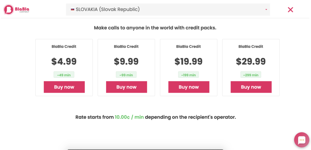 BlaBla Connect ценови планове, показани на уебсайта