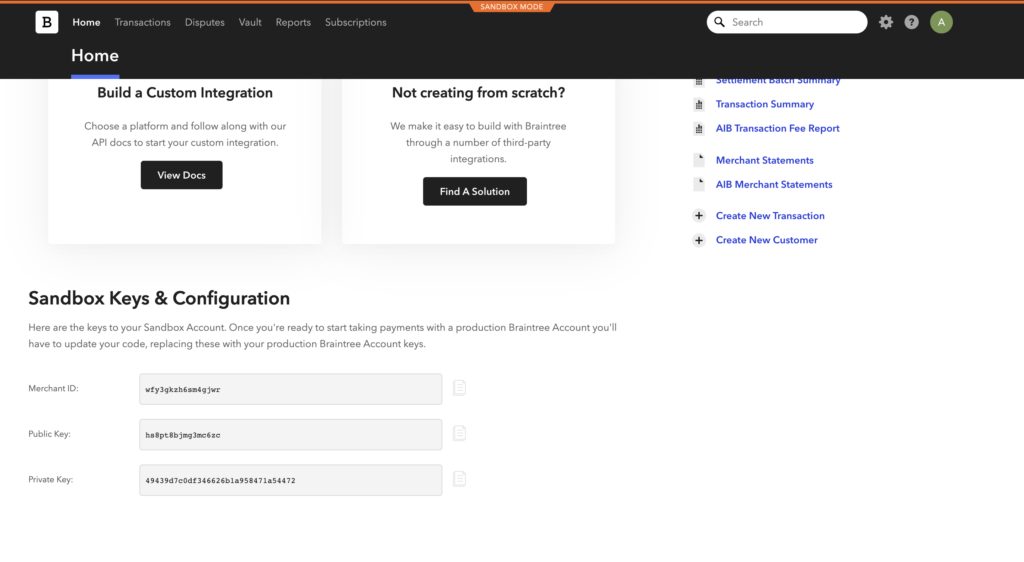 Ключове и конфигурация в Braintree
