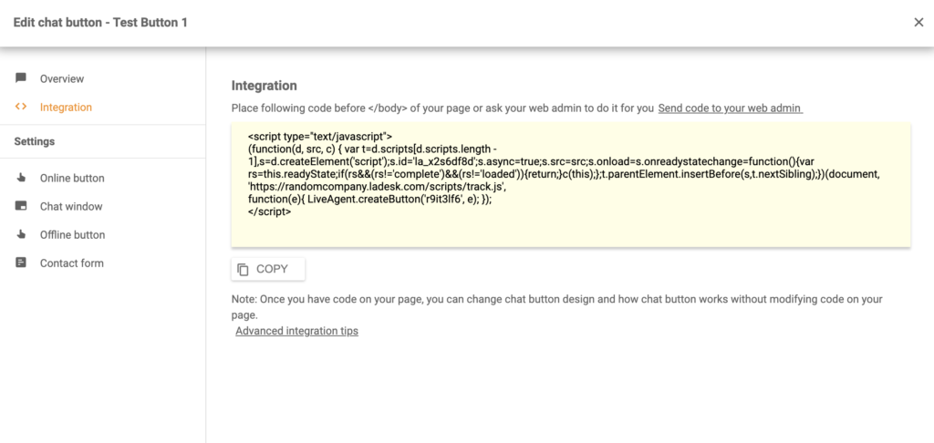 Код на бутон за чат, генериран в LiveAgent