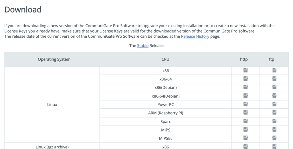 Страница за изтегляне на Communigate Pro