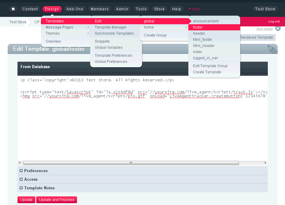 Код на ExpressionEngine уебсайт с кода на бутон за live chat на LiveAgent