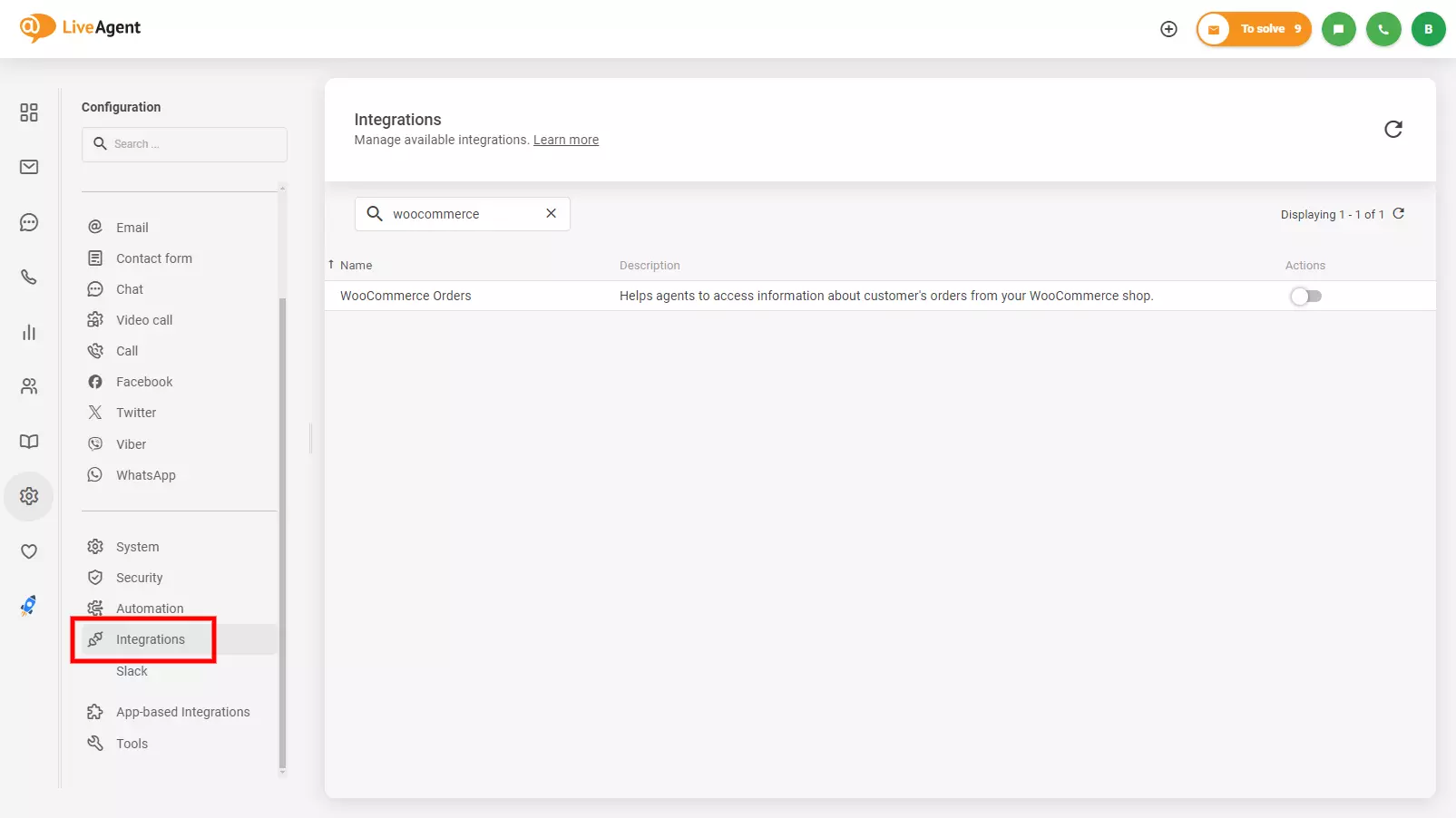 Изображение, показващо къде да намерите WooCommerce интеграция в LiveAgent