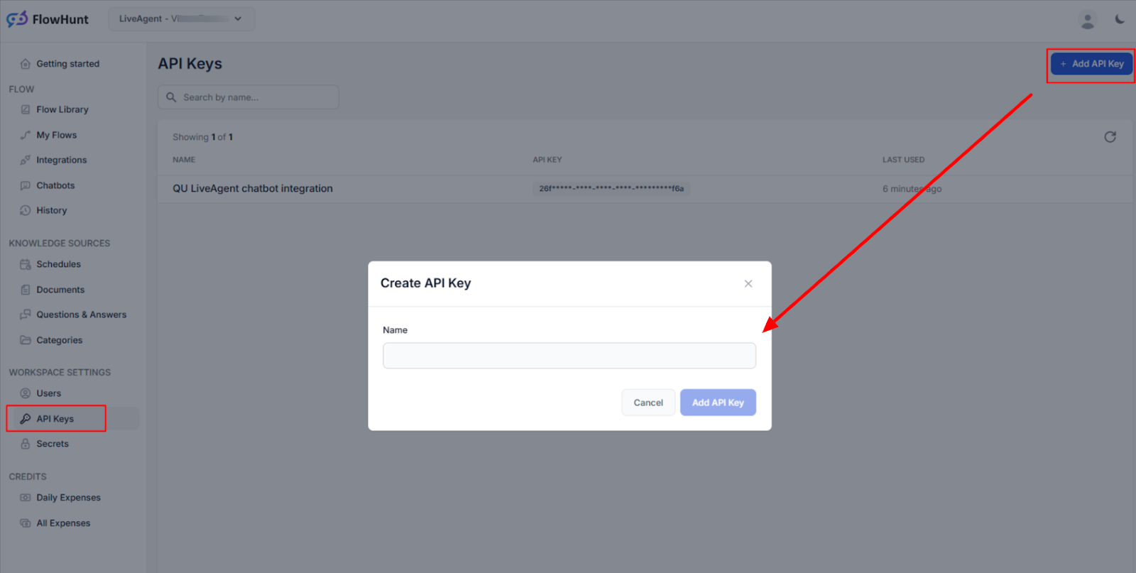 Създаване на API ключ за интеграцията на FlowHunt работното пространство с LiveAgent