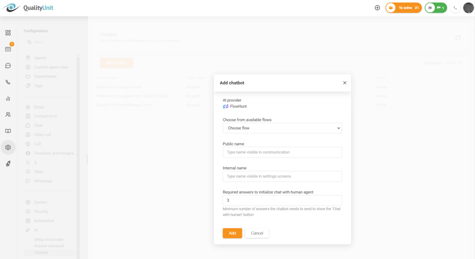 Конфигуриране на минималния брой отговори преди активиране на опцията за чат с човек