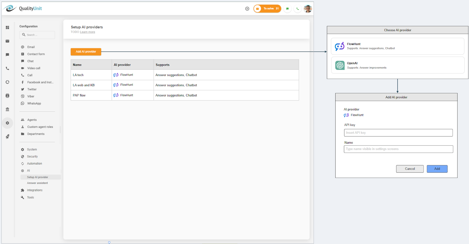 Свързване на AI доставчик в LiveAgent