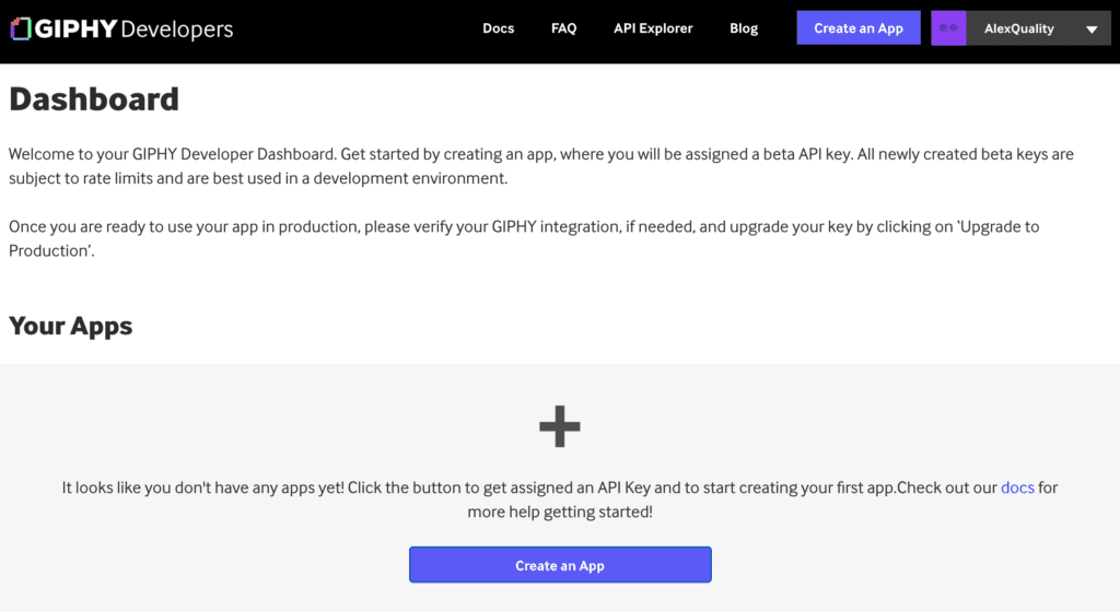 Giphy панел с опция за създаване на приложение за генериране на API ключ