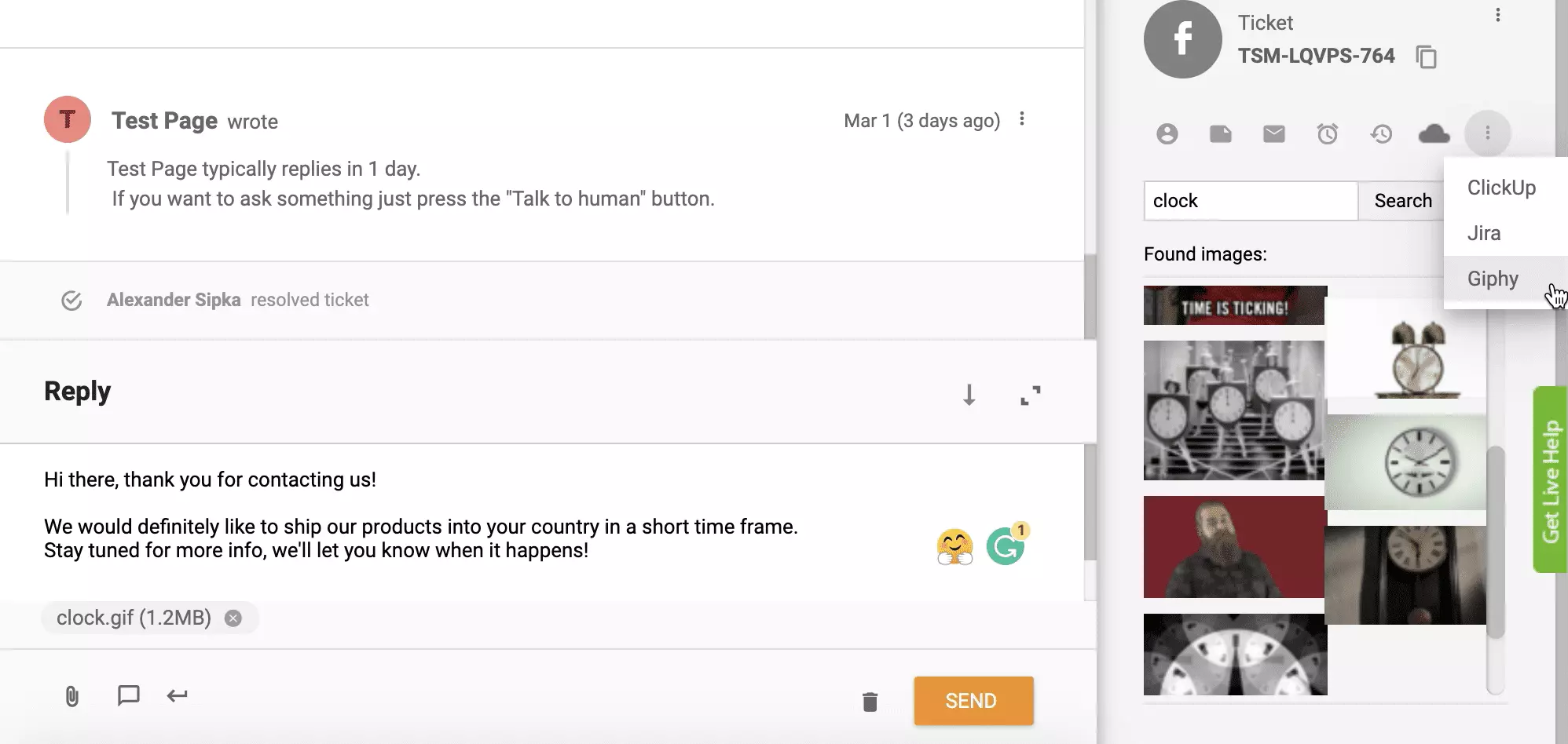 Giphy интеграция активирана и функционираща в LiveAgent система за билетиране